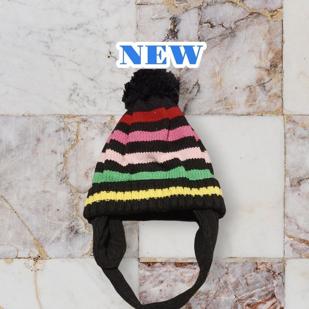 NEW Girls' Striped Pom-Pom Ear Flap Beanie Hat Winter Knit Warm Multicolor 18-24